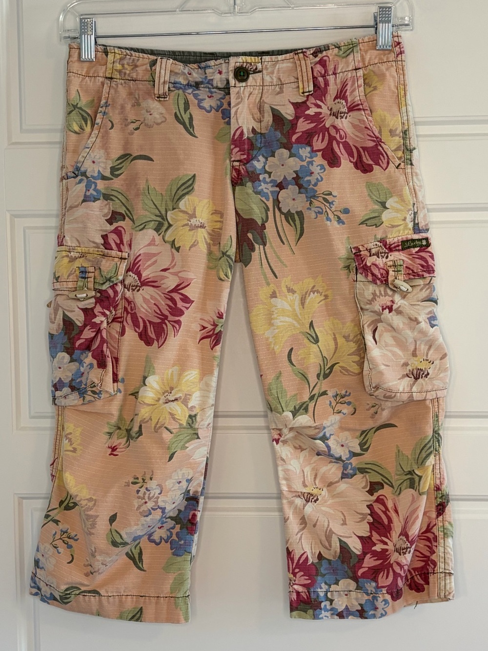 Lucky Brand Floral Cargo Cropped Pants in Peach, Pink, Yellow, Blue